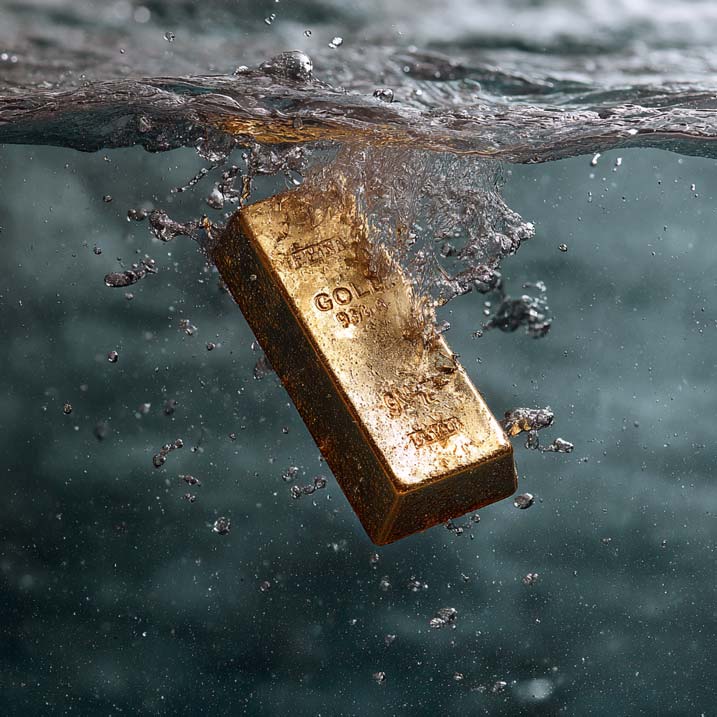 Lingotto d'oro che affonda nell'acqua